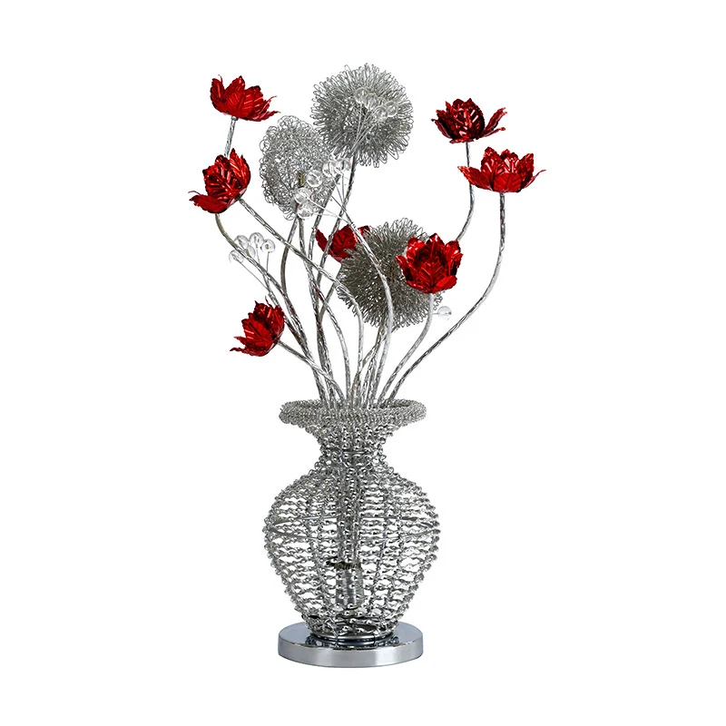 Modern Art Deco Aluminum Wire Weaving Decorative Vase Rose LED Table Lamp For Bedroom