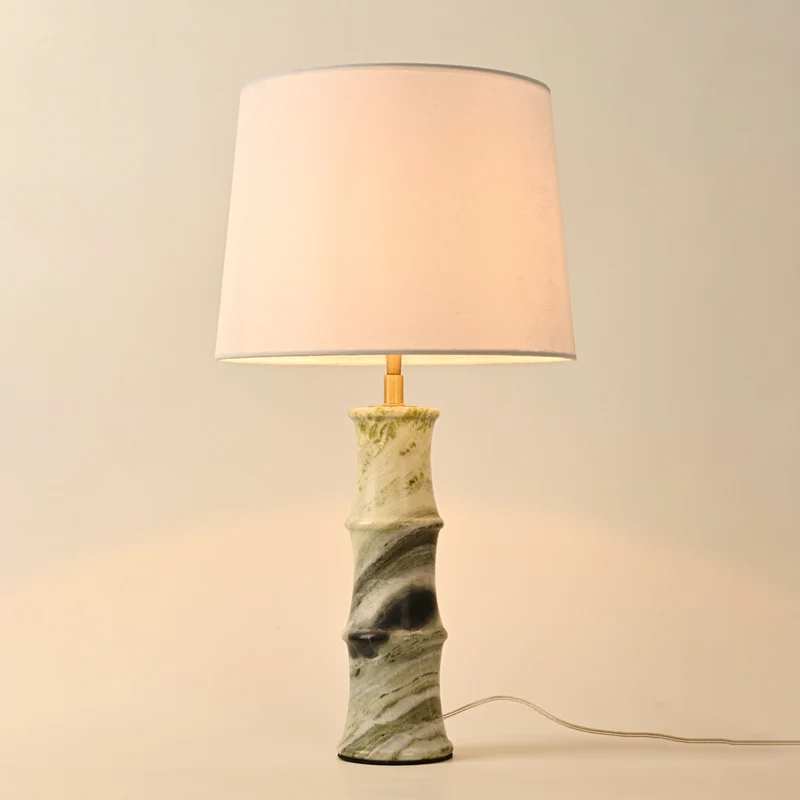 Modern Luxury Fabric Shade Marble Imitation Bamboo Knot Base 1-Light Table Lamp For Bedroom
