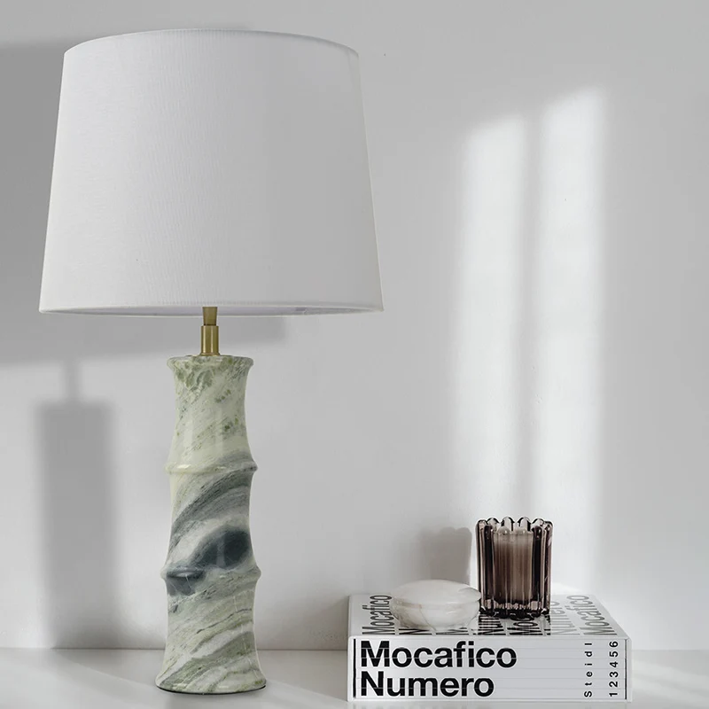 Modern Luxury Fabric Shade Marble Imitation Bamboo Knot Base 1-Light Table Lamp For Bedroom