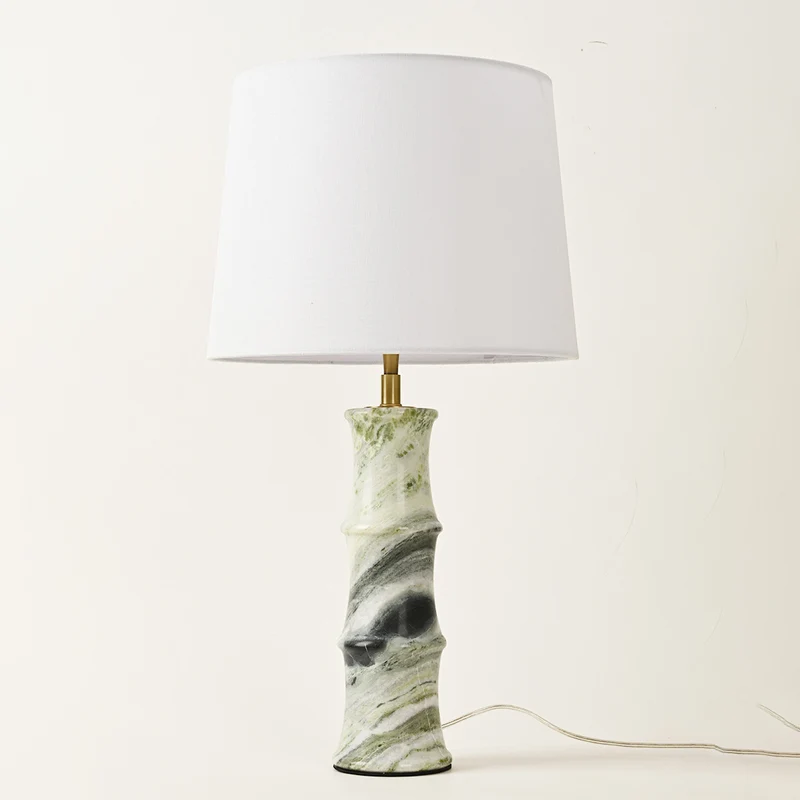 Modern Luxury Fabric Shade Marble Imitation Bamboo Knot Base 1-Light Table Lamp For Bedroom