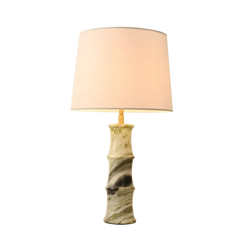 Modern Luxury Fabric Shade Marble Imitation Bamboo Knot Base 1-Light Table Lamp For Bedroom