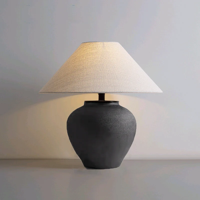Traditional Japanese Jar Ceramic Fabric 1-Light Table Lamp For Living Room