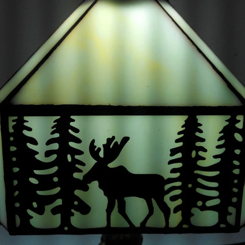 Traditional Tiffany Glass Metal Conic Polyhedron Deer 1-Light Table Lamp For Bedside