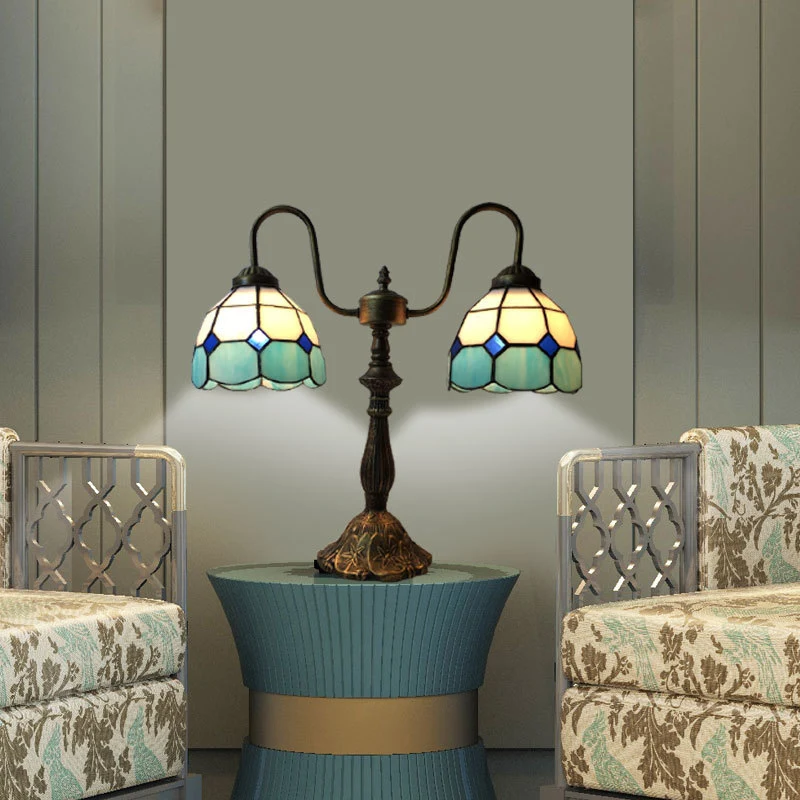 Traditional Tiffany Glass Iron Resin Swan Neck Dome Beads 2-Light Table Lamp For Bedside