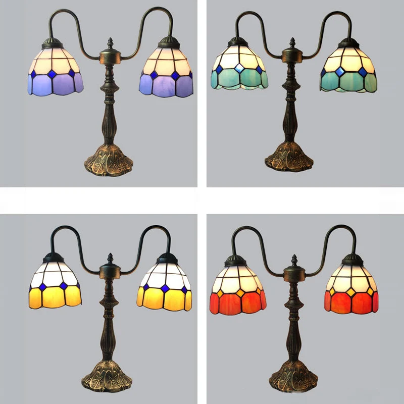 Traditional Tiffany Glass Iron Resin Swan Neck Dome Beads 2-Light Table Lamp For Bedside