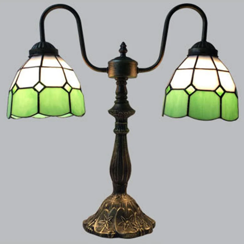 Traditional Tiffany Glass Iron Resin Swan Neck Dome Beads 2-Light Table Lamp For Bedside