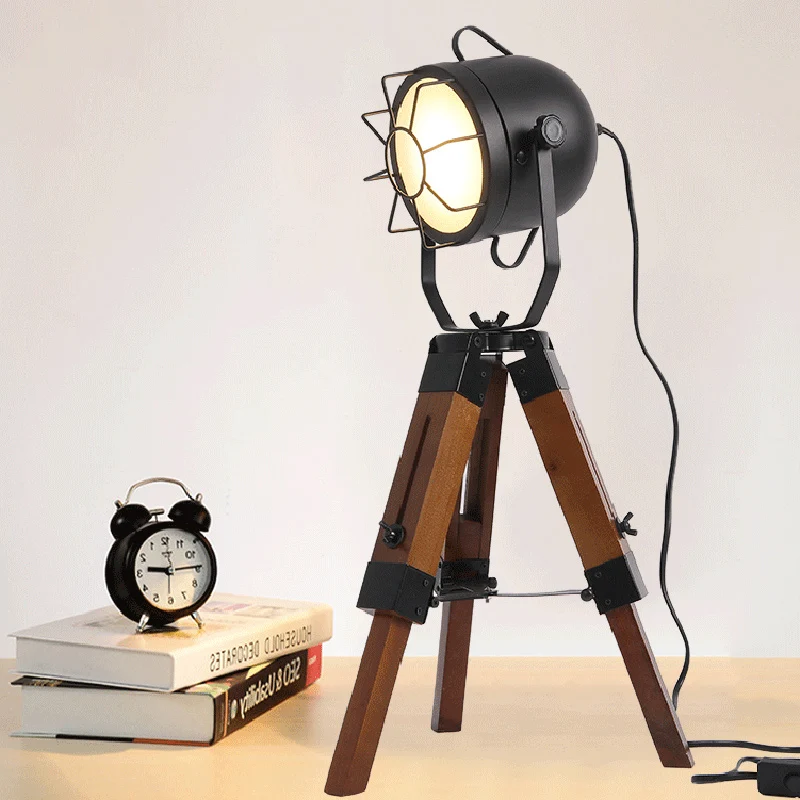 Traditional Vintage Tripod Base Cylinder Iron Pine Wood 1-Light Table Lamp For Bedroom