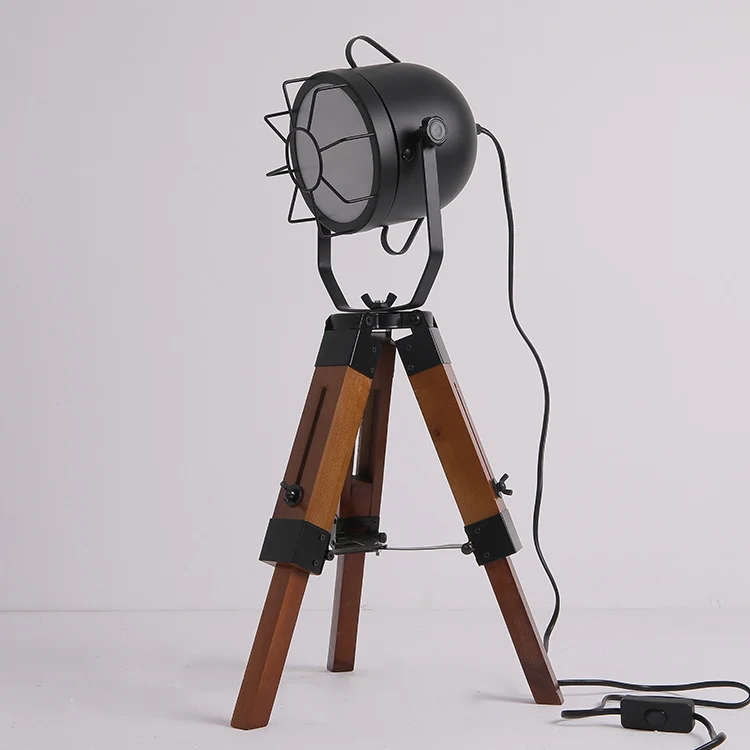 Traditional Vintage Tripod Base Cylinder Iron Pine Wood 1-Light Table Lamp For Bedroom