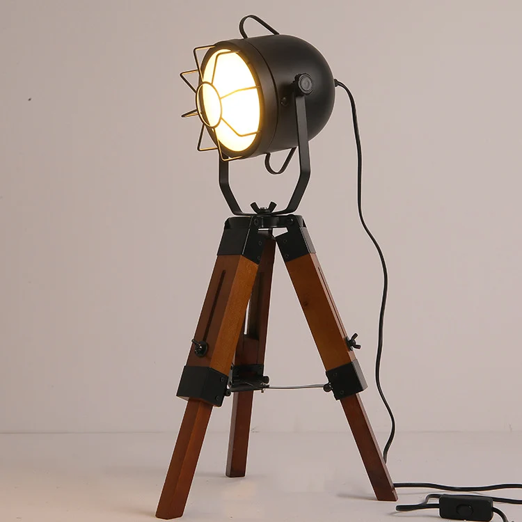 Traditional Vintage Tripod Base Cylinder Iron Pine Wood 1-Light Table Lamp For Bedroom
