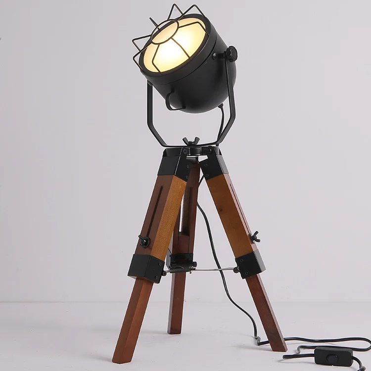 Traditional Vintage Tripod Base Cylinder Iron Pine Wood 1-Light Table Lamp For Bedroom