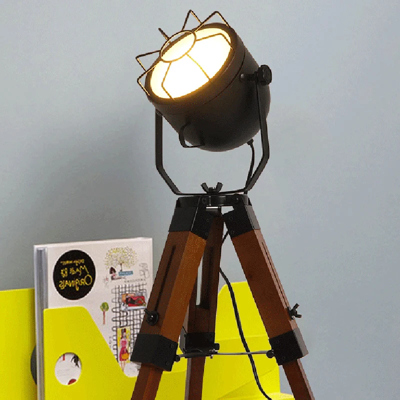 Traditional Vintage Tripod Base Cylinder Iron Pine Wood 1-Light Table Lamp For Bedroom