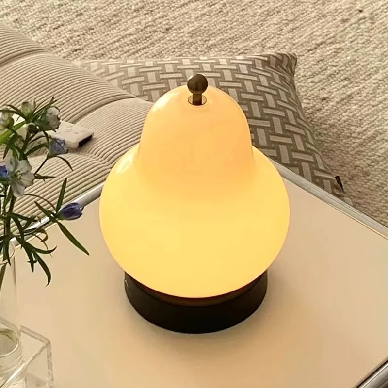 Modern Minimalist Cream Pear Disc Base Hardware Glass LED Table Lamp For Bedroom
