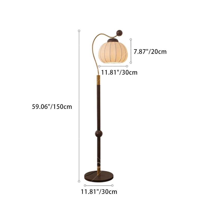 Traditional Vintage Pumpkin Cylinder Bent Sphere Disc Base Wood Aluminum Fabric 1-Light Standing Floor Lamp For Living Room