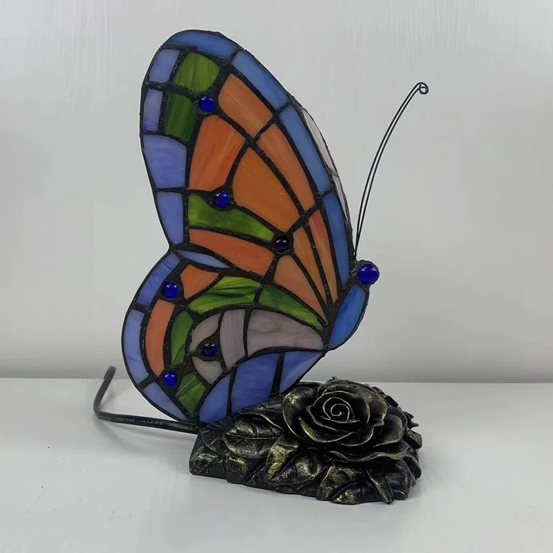 Traditional Tiffany Butterfly Rose Base Resin Glass 1-Light Table Lamp For Bedroom