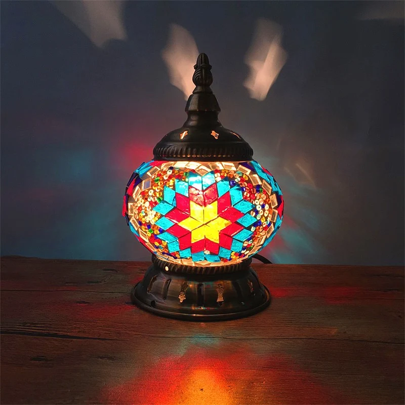 Contemporary Boho Iron Glass Pieces Mosaic Tower Shape 1-Light Table Lamp Night Light For Bedroom