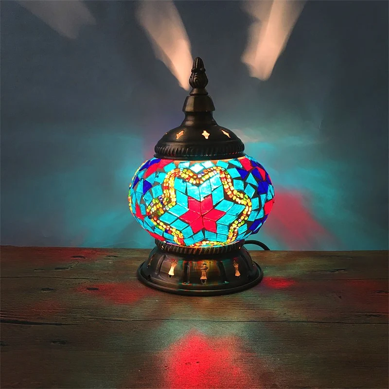 Contemporary Boho Iron Glass Pieces Mosaic Tower Shape 1-Light Table Lamp Night Light For Bedroom
