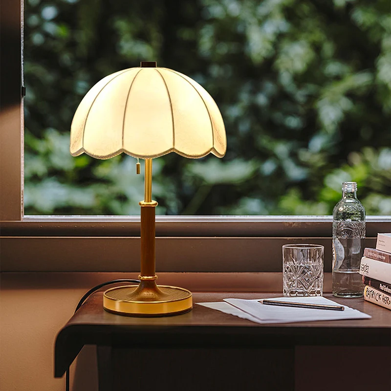 Traditional French Dome Round Dome Cylinder Base Wood Hardware Fabric Shade 2-Light Table Lamp For Bedroom