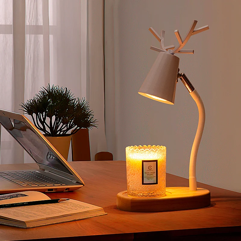 Modern Art Deco Cylinder Antler Wooden Base Iron Shade 1-Light Aromatherapy Melting Wax Table Lamp For Bedroom