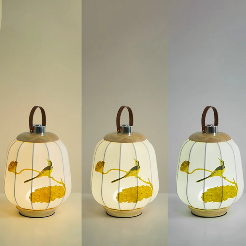 Traditional Chinese Fabric Lantern Shade Wood USB LED Table Lamp For Living Room