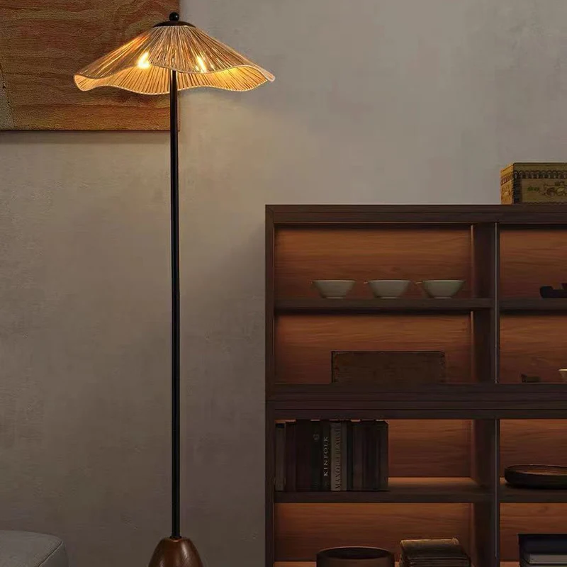 Traditional Vintage Umbrella Cylinder Iron Straw 2-Light Standing Floor Lamp For Living Room