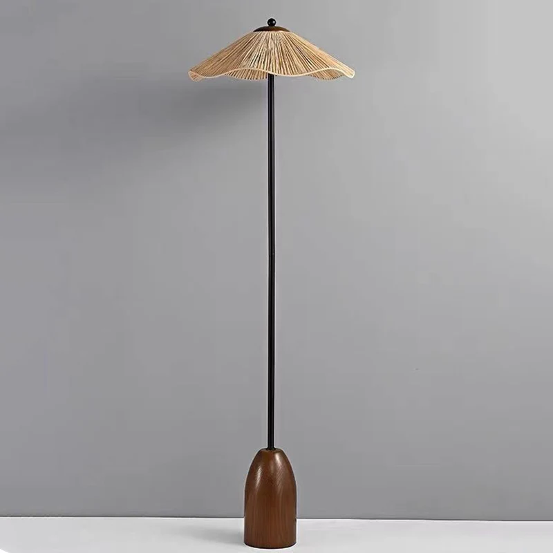 Traditional Vintage Umbrella Cylinder Iron Straw 2-Light Standing Floor Lamp For Living Room