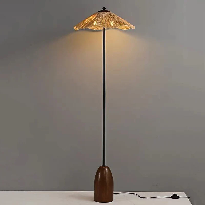 Traditional Vintage Umbrella Cylinder Iron Straw 2-Light Standing Floor Lamp For Living Room