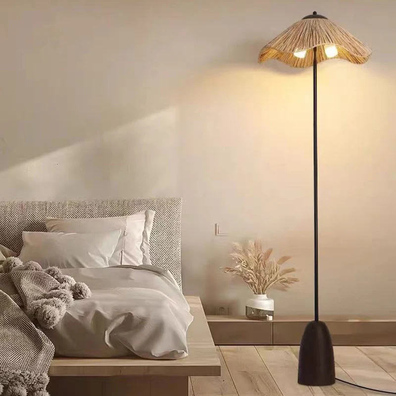 Traditional Vintage Umbrella Cylinder Iron Straw 2-Light Standing Floor Lamp For Living Room