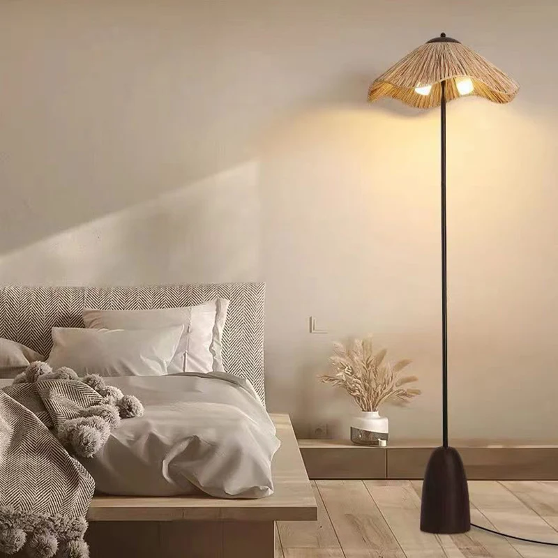 Traditional Vintage Umbrella Cylinder Iron Straw 2-Light Standing Floor Lamp For Living Room