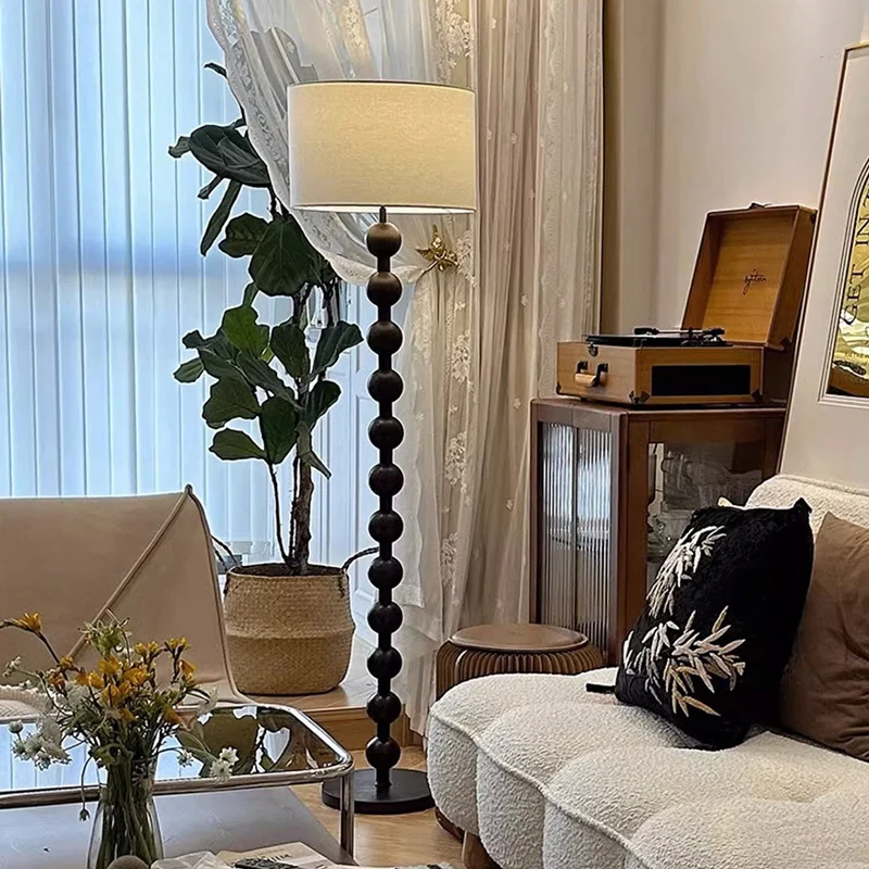 Traditional Vintage Cylinder Small Ball Iron Woodgrain Fabric 1-Light Standing Floor Lamp For Living Room