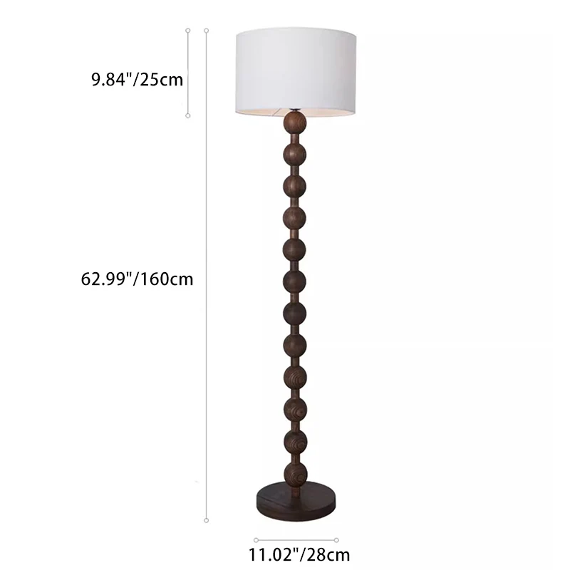 Traditional Vintage Cylinder Small Ball Iron Woodgrain Fabric 1-Light Standing Floor Lamp For Living Room