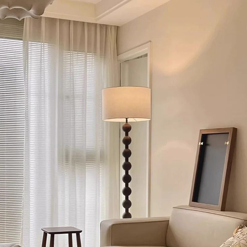 Traditional Vintage Cylinder Small Ball Iron Woodgrain Fabric 1-Light Standing Floor Lamp For Living Room