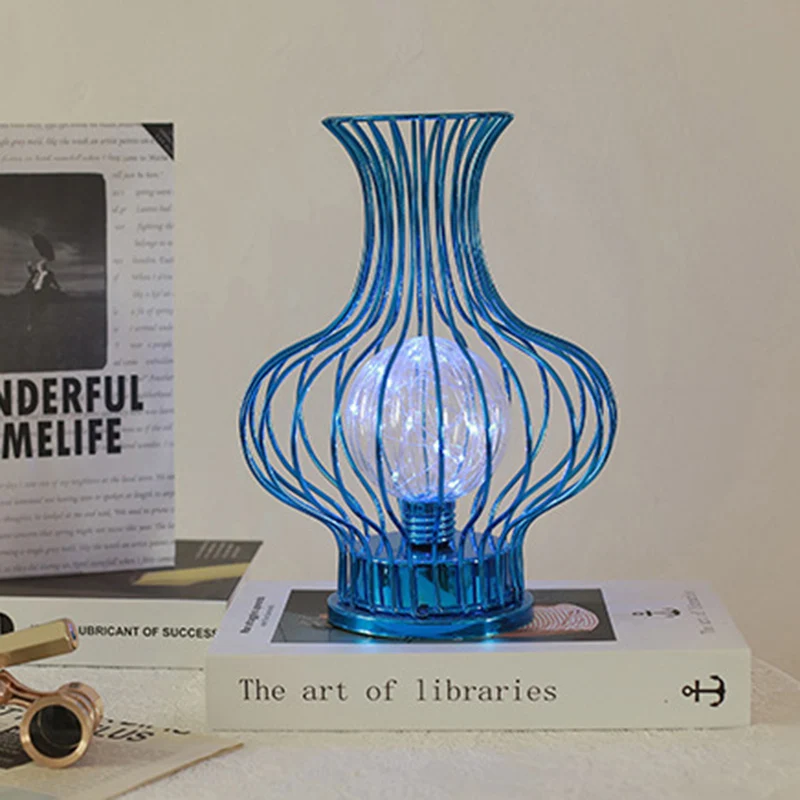 Contemporary Nordic Iron Battery Hollowed Vase LED Table Lamp Night Light For Bedroom