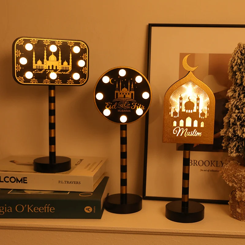 Contemporary Creative Battery Decorative Road Sign Moon Star Round Wood Metal LED Table Lamp For Bedroom