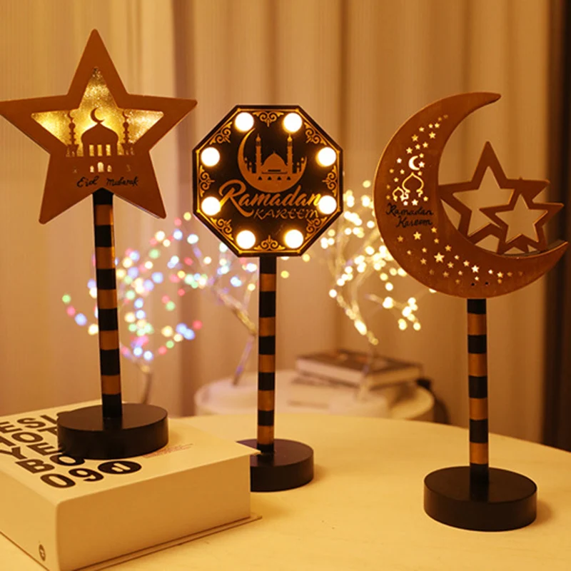 Contemporary Creative Battery Decorative Road Sign Moon Star Round Wood Metal LED Table Lamp For Bedroom