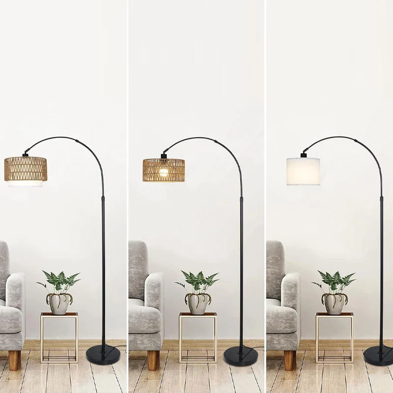 Traditional Rustic Weaving Rattan Fabric Iron Cylinder 1-Light Standing Floor Lamp For Living Room