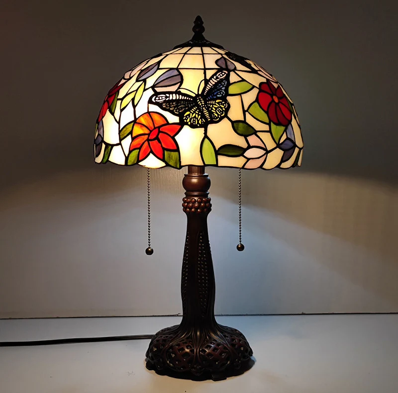 Traditional Tiffany Half Round Cylinder Petal Dragonfly Stained Glass Resin 2-Light Table Lamp For Bedroom