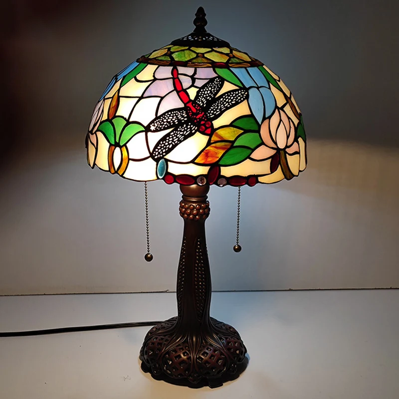Traditional Tiffany Half Round Cylinder Petal Dragonfly Stained Glass Resin 2-Light Table Lamp For Bedroom