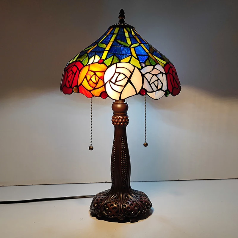 Traditional Tiffany Half Round Cylinder Petal Dragonfly Stained Glass Resin 2-Light Table Lamp For Bedroom