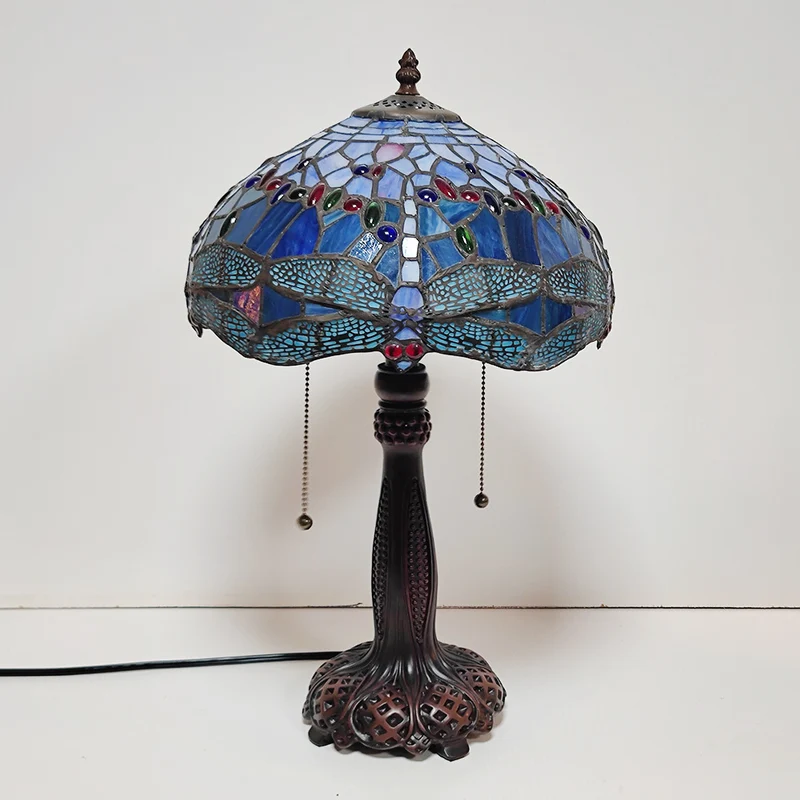 Traditional Tiffany Half Round Cylinder Petal Dragonfly Stained Glass Resin 2-Light Table Lamp For Bedroom