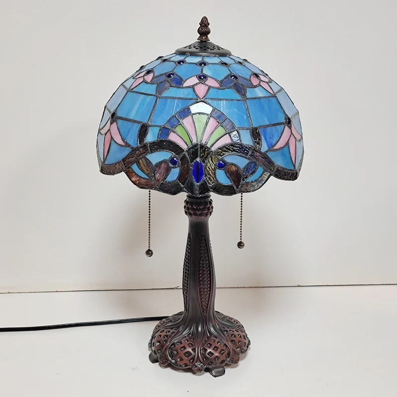 Traditional Tiffany Half Round Cylinder Petal Dragonfly Stained Glass Resin 2-Light Table Lamp For Bedroom