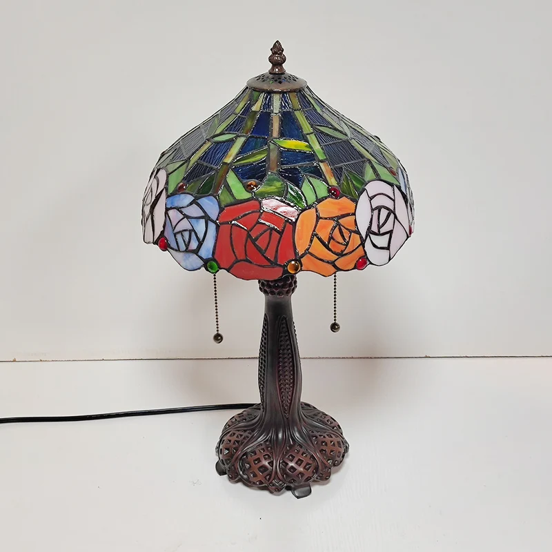 Traditional Tiffany Half Round Cylinder Petal Dragonfly Stained Glass Resin 2-Light Table Lamp For Bedroom