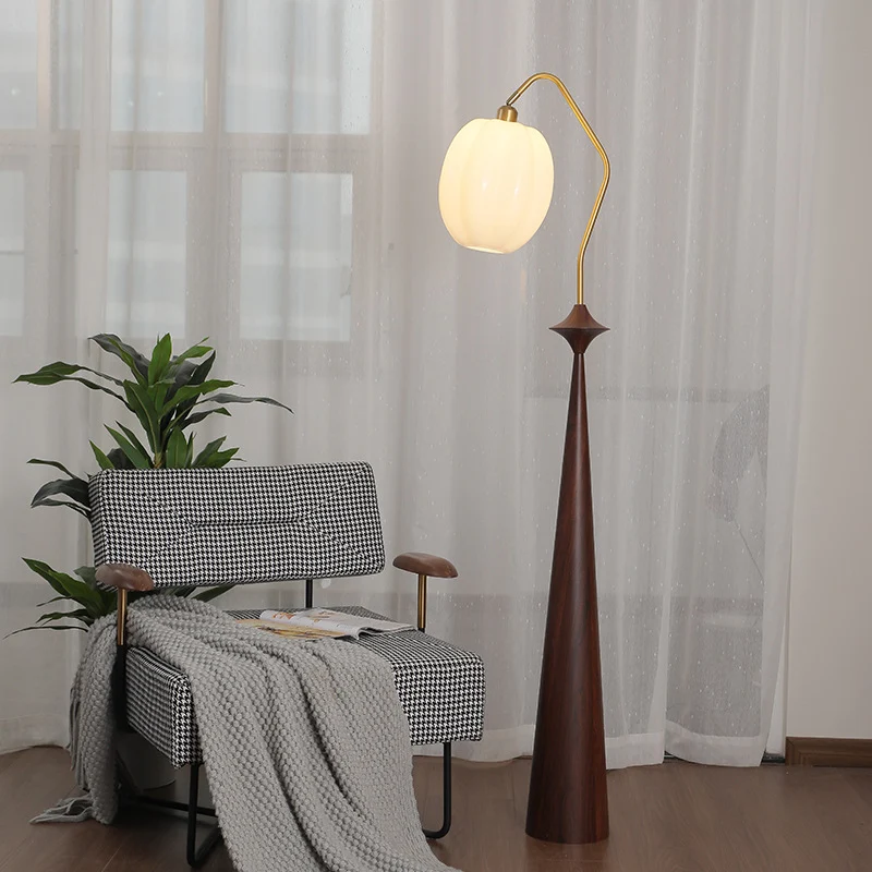 Traditional Vintage Round Table Bent Long Tube Pumpkin Pepper Pear Wooden Iron Glass 1-Light Standing Floor Lamp For Bedroom