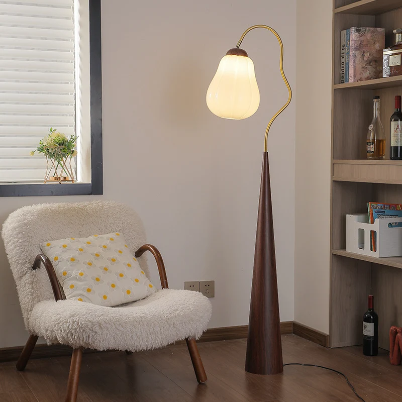 Traditional Vintage Round Table Bent Long Tube Pumpkin Pepper Pear Wooden Iron Glass 1-Light Standing Floor Lamp For Bedroom
