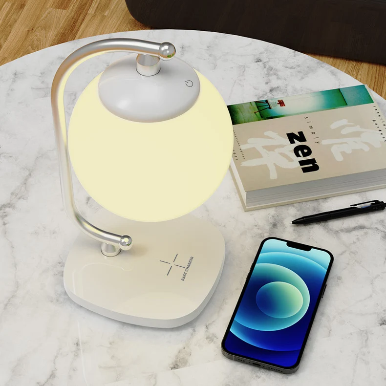 Contemporary Scandinavian ABS Moon Shade Imitation Wood Grain Base LED Table Lamp For Bedroom