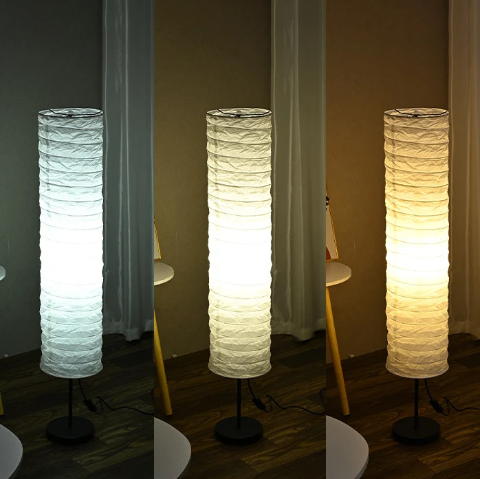 Traditional Japanese Pleated Paper Column Shade 1-Light Standing Floor Lamp For Home Office