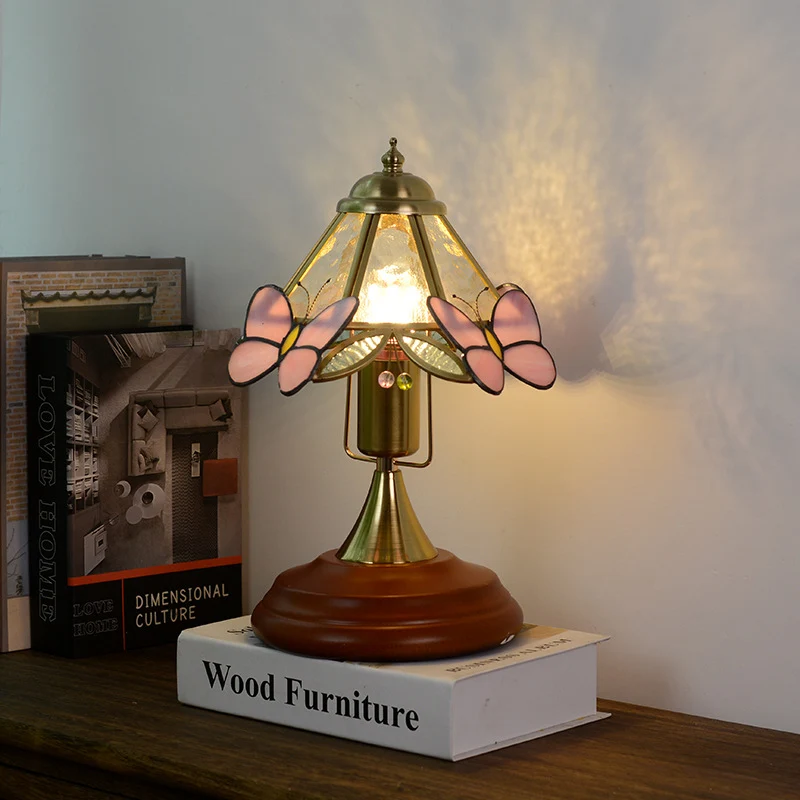 Traditional Vintage Butterfly Cone Round Glass Brass Solid Wood 1-Light Table Lamp For Living Room