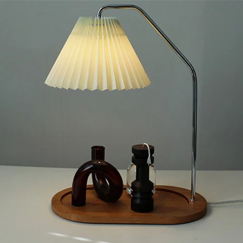 Traditional Vintage Umbrella Round Pleated Fabric Wood USB 1-Light Table Lamp For Living Room