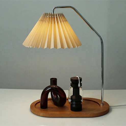 Traditional Vintage Umbrella Round Pleated Fabric Wood USB 1-Light Table Lamp For Living Room