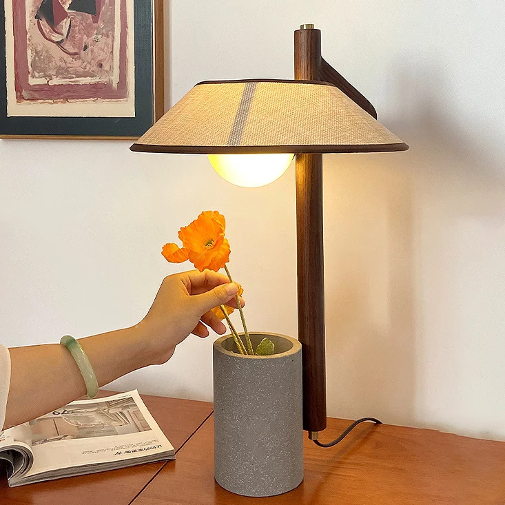 Traditional Vintage Ash Wood Fabric Cement Conic Cylinder Vase 1-Light Table Lamp For Bedroom