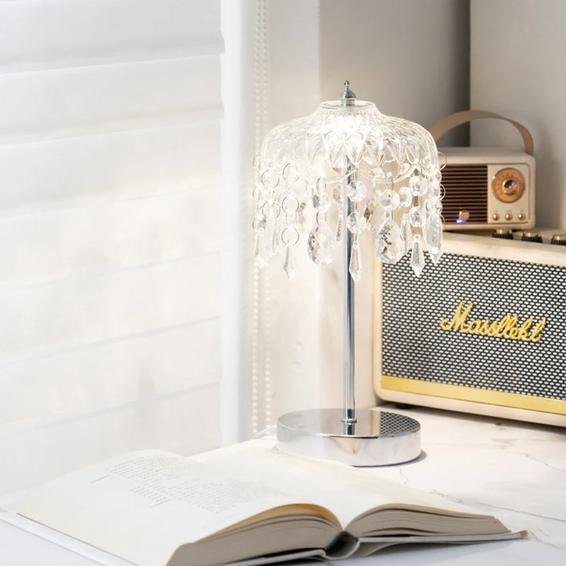 Modern Luxury Pendant Branch Round Crystal Iron 1-Light Table Lamp For Bedroom